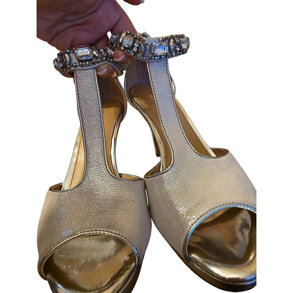 Antonio Melani Silver Glitter Rhinestone T-Strap Heels With Zipper Back Closure - Picture 12 of 16